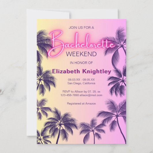 Roze Neon gloed teken strand bachelorette route Kaart (Voorkant)