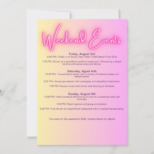 Roze Neon gloed teken strand bachelorette route Kaart (Achterkant)