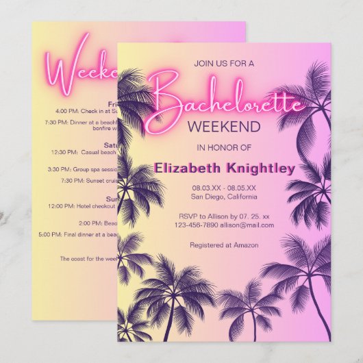 Roze Neon gloed teken strand bachelorette route Kaart (Voorkant / Achterkant)