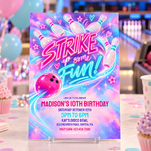 Roze Neon Glow Bowling Verjaardagsfeestje Kaart