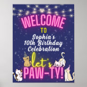Roze Neon Glow Schattigee Kat Kittens Pawty Welkom Poster (Voorkant)