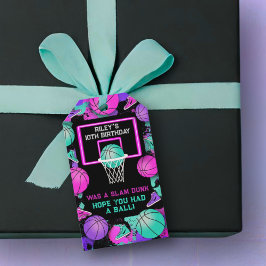 Roze Neon Grunge Verf Splatter Basketbal Favor Cadeaulabel