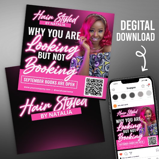 Roze Neon Hair Salon Social Media Post Flyer Kaart