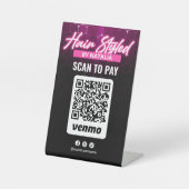 Roze Neon Hair Salon Venmo Scan QR Code Betaling Reclamebord Met Voetstuk (Voorkant)