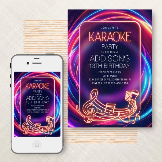 Roze Neon Karaoke Uitnodiging voor verjaardag