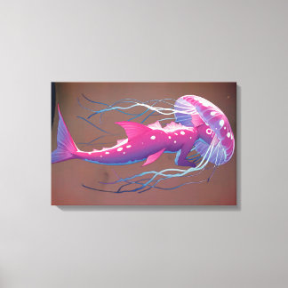 Roze Neon Kwallen Draak Oceaan Fantasie  Canvas Afdruk