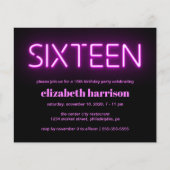 Roze Neon Licht 16e verjaardag Uitnodiging (Voorkant)