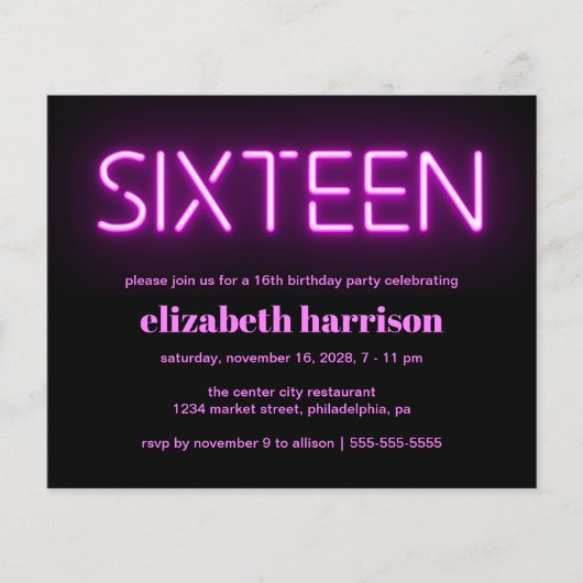 Roze Neon Licht 16e verjaardag Uitnodiging (Voorkant)