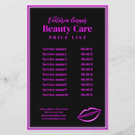 Roze Neon Lichte Prijslijst Zwarte brochure (Voorkant)