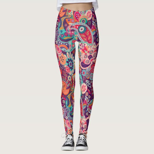 Roze neon Paisley-patroon Leggings (Voorkant)