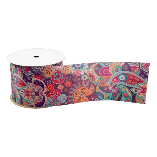 Roze neon Paisley-patroon Satijnen Lint (Spoel)