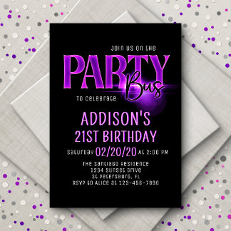 Roze Neon Party Bus Verjaardag uitnodiging