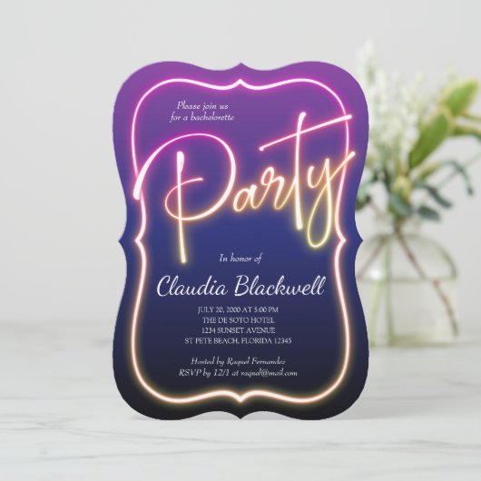 Roze Neon Party uitnodiging (Staand voorkant)