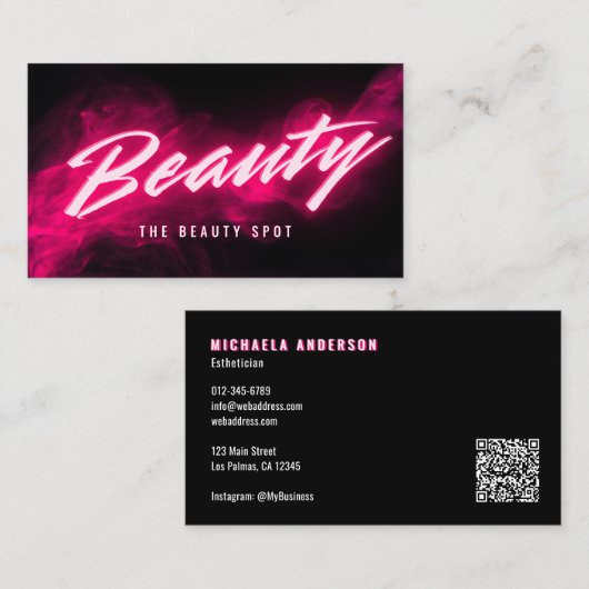 Roze Neon & Smoke Wimper Tech QR Code & Sociale Me Visitekaartje (Voorkant / Achterkant)