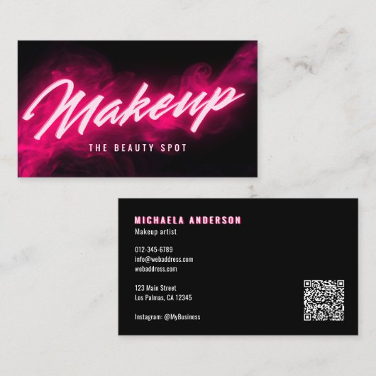 Roze Neon & Smoke Wimper Tech QR Code & Sociale Me Visitekaartje (Voorkant / Achterkant)