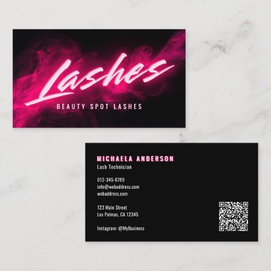 Roze Neon & Smoke Wimper Tech QR Code & Sociale Me Visitekaartje (Voorkant / Achterkant)