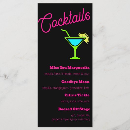 Roze neon teken cocktails menu (Voorkant)
