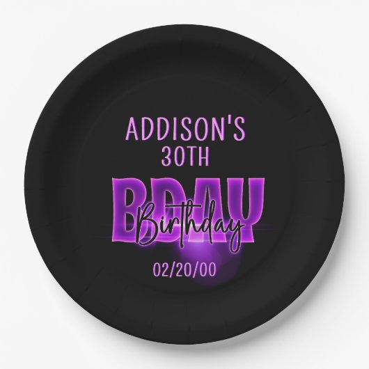 Roze Neon Verjaardag Papieren Bordje (Voorkant)
