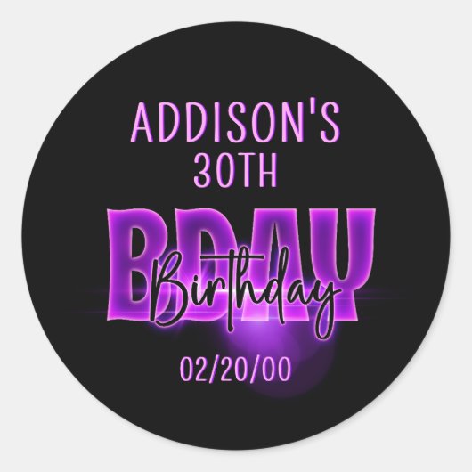 Roze Neon Verjaardag Ronde Sticker (Voorkant)