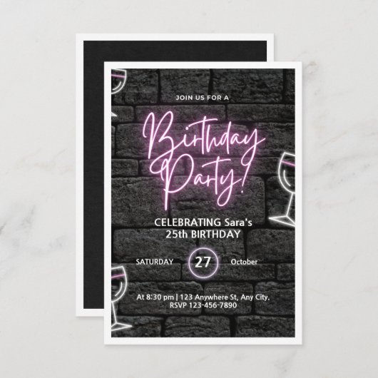 Roze Neon Verjaardagsfeest Aangepaste Uitnodiging (Voorkant / Achterkant)