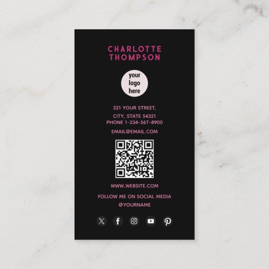 Roze Neon Zakelijke Logo Kapsalon Hair Stylist Visitekaartje (Achterkant)