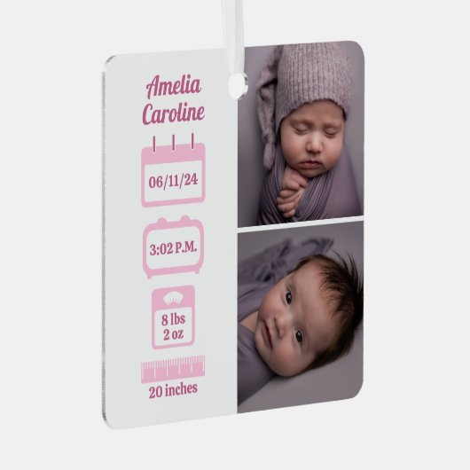 Roze neonatale geboortecijfers metalen ornament (Voorkant Rechts)