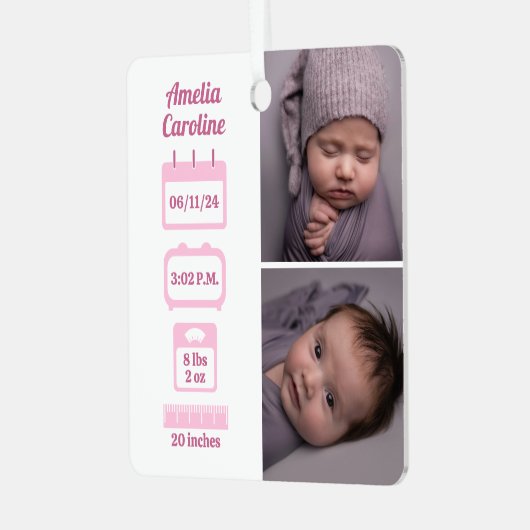 Roze neonatale geboortecijfers metalen ornament (Voorkant links)