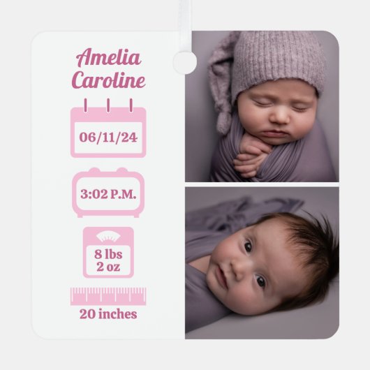 Roze neonatale geboortecijfers metalen ornament (Voorkant)