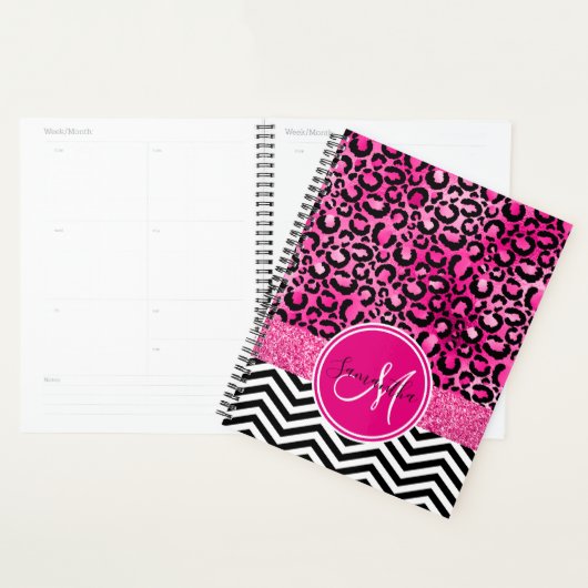 Roze Nep Glitter Luipaardprint Monogram Planner (Display)