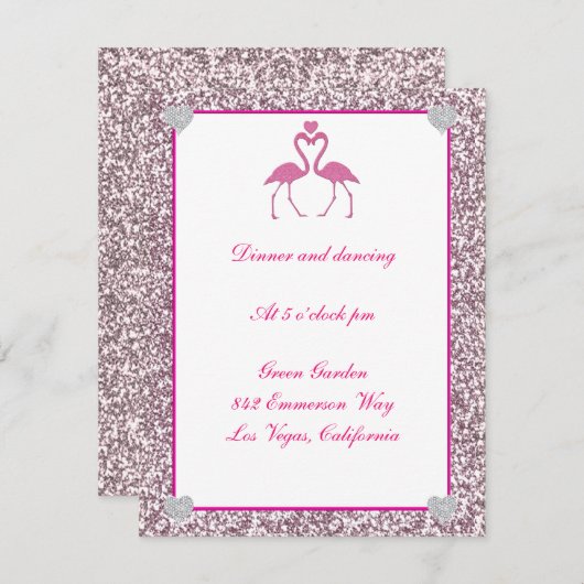 Roze nep glitters flamingo bruiloftsreceptiekaart kaart (Voorkant / Achterkant)