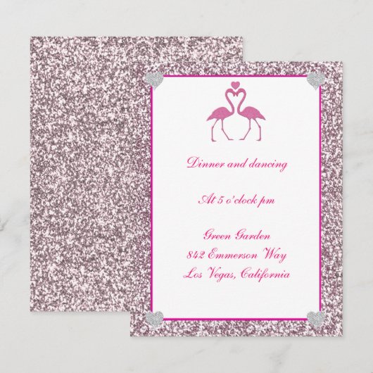 Roze nep glitters flamingo huwelijksreceptiekaart kaart (Voorkant / Achterkant)