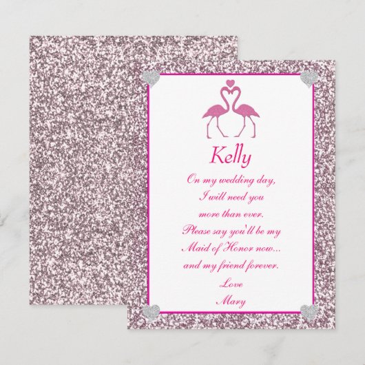Roze nep glitters flamingo liefde bruidsmeisje kaa kaart (Voorkant / Achterkant)