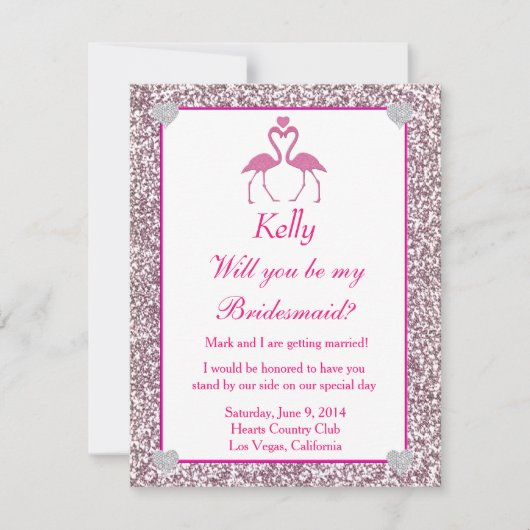 Roze nep glitters flamingo liefde bruidsmeisje kaa kaart (Voorkant)