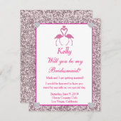 Roze nep glitters flamingo liefde bruidsmeisje kaa kaart (Voorkant / Achterkant)