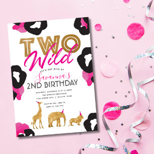 Roze nep goud safari twee wilde verjaardagsuitnodi kaart