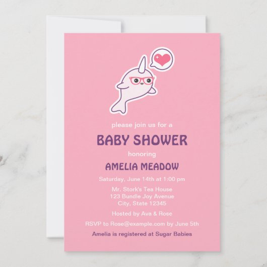 Roze nerd Narwhal Baby Shower Invitaties Kaart (Achterkant)