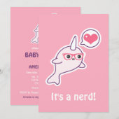 Roze nerd Narwhal Baby Shower Invitaties Kaart (Voorkant / Achterkant)
