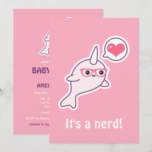 Roze nerd Narwhal Baby Shower Invitaties Kaart (Voorkant / Achterkant)
