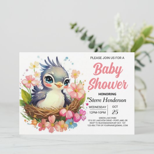 Roze Nest Elegant Bird Baby shower Kaart (Staand voorkant)