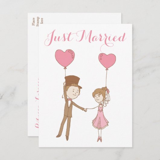 Roze net getrouwd bruid & bruidegom bruine bruilof aankondigingskaart (Voorkant / Achterkant)