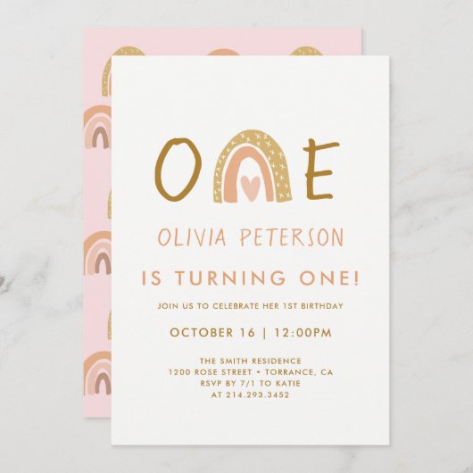 Roze Neutrale Regenboog 1e Verjaardag Uitnodiging  (Voorkant / Achterkant)
