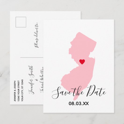 Roze New Jersey Red Heart sla de datum op Aankondigingskaart (Voorkant / Achterkant)
