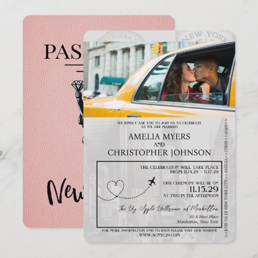 Roze New York City Passport Wedding Kaart (Voorkant / Achterkant)