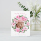 Roze Nieuwe Baby Foto Kerst Kaart Meisje Poinsetti (Staand voorkant)