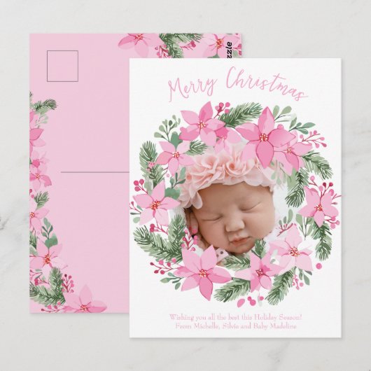Roze Nieuwe Baby Foto Kerst Kaart Meisje Poinsetti (Voorkant / Achterkant)