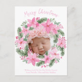 Roze Nieuwe Baby Foto Kerst Kaart Meisje Poinsetti (Voorkant)