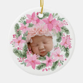 Roze Nieuwe Baby Foto Kerstmeisje Poinsettia Keramisch Ornament (Voorkant)