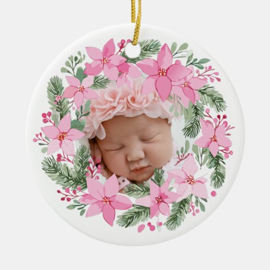 Roze Nieuwe Baby Foto Kerstmeisje Poinsettia Keramisch Ornament (Voorkant)