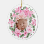 Roze Nieuwe Baby Foto Kerstmeisje Poinsettia Keramisch Ornament (Links)