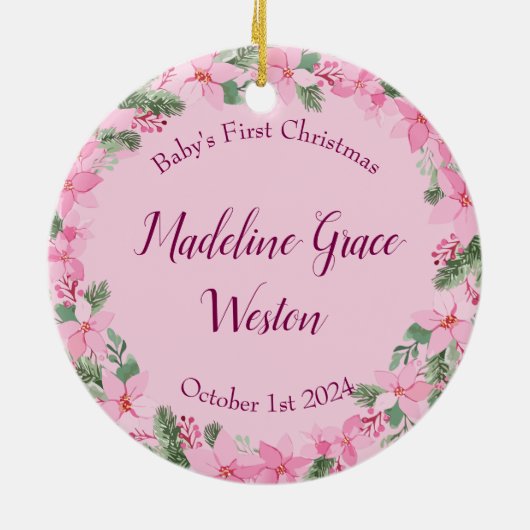 Roze Nieuwe Baby Foto Kerstmeisje Poinsettia Keramisch Ornament (Achterkant)